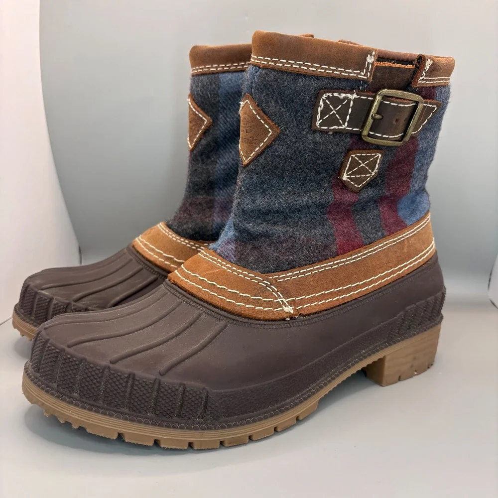 Kamik Womens Plaid Duck Boots Brown Blue Red Waterproof Winter Rain Boots Size 8